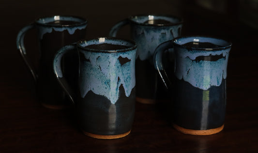 Handthrown Floating Blue Mug Set of 4